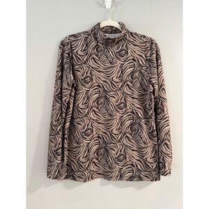 J McLaughlin Mock Neck Top Medium Brown Black Zebra Print Stretch Blouse‎